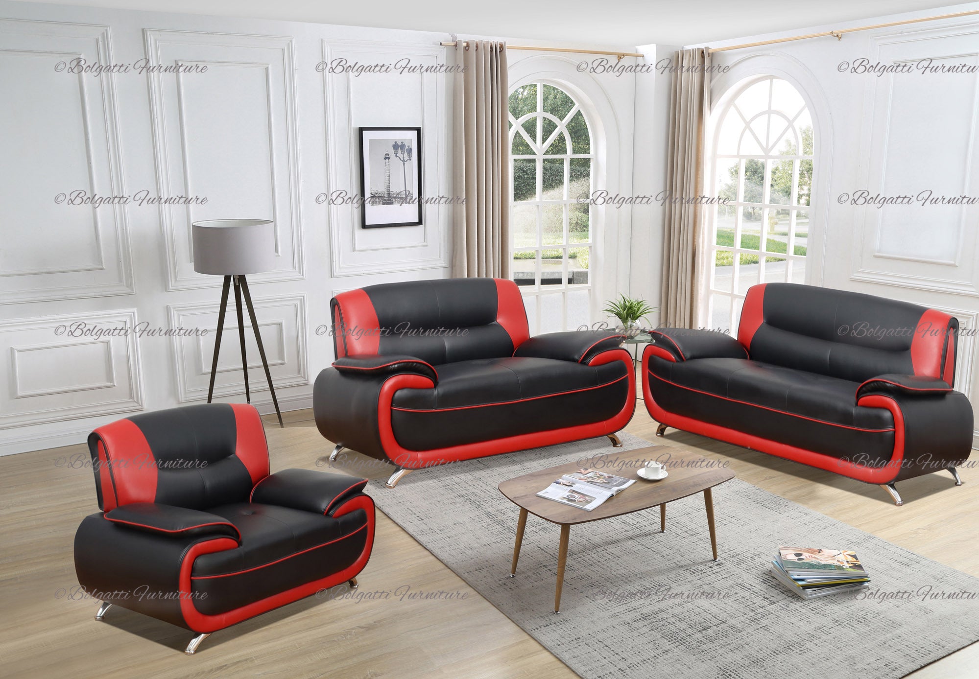 DALIA BLACK&RED PU (3 pcs Sofa Set)