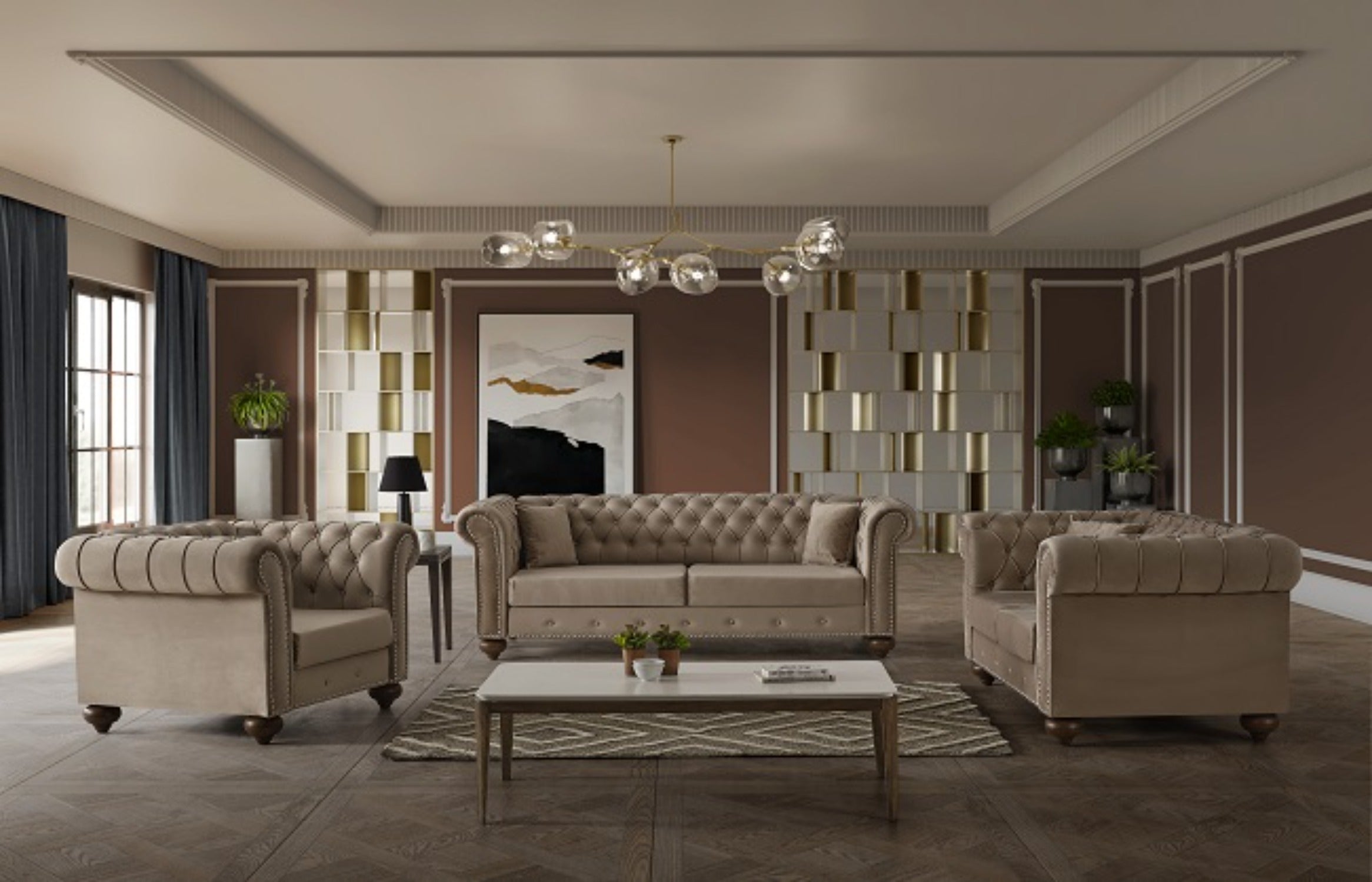 MONETTA BEIGE VELVET Sofa Set