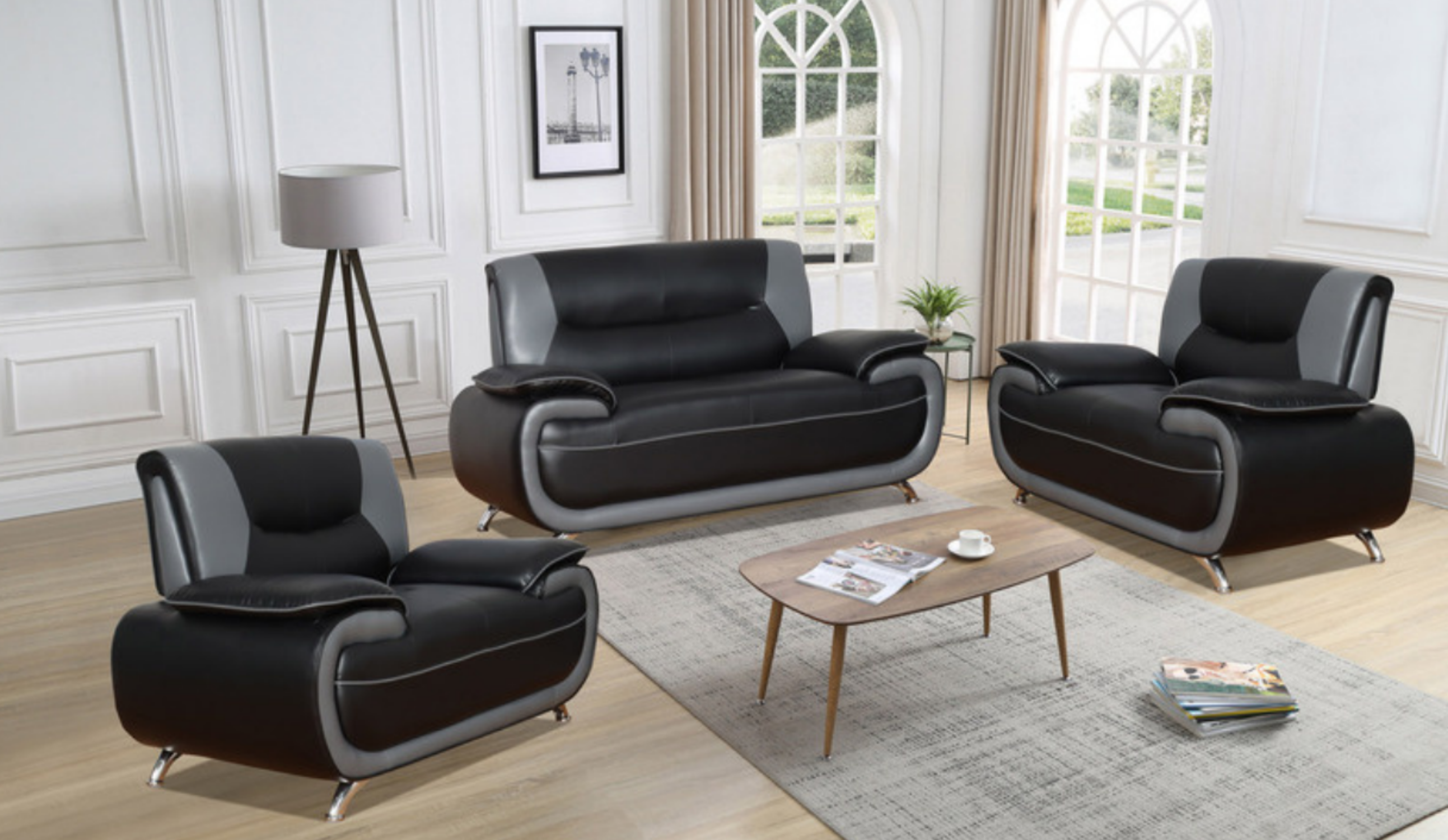 DALIA BLACK&GREY PU (3pcs Sofa Set)