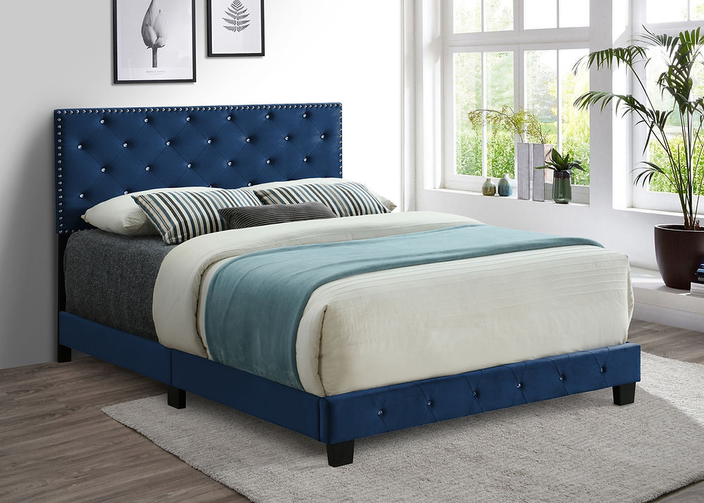 Blue Velvet Bed with Nailhead and Rhinestone Details( Mattress Included)