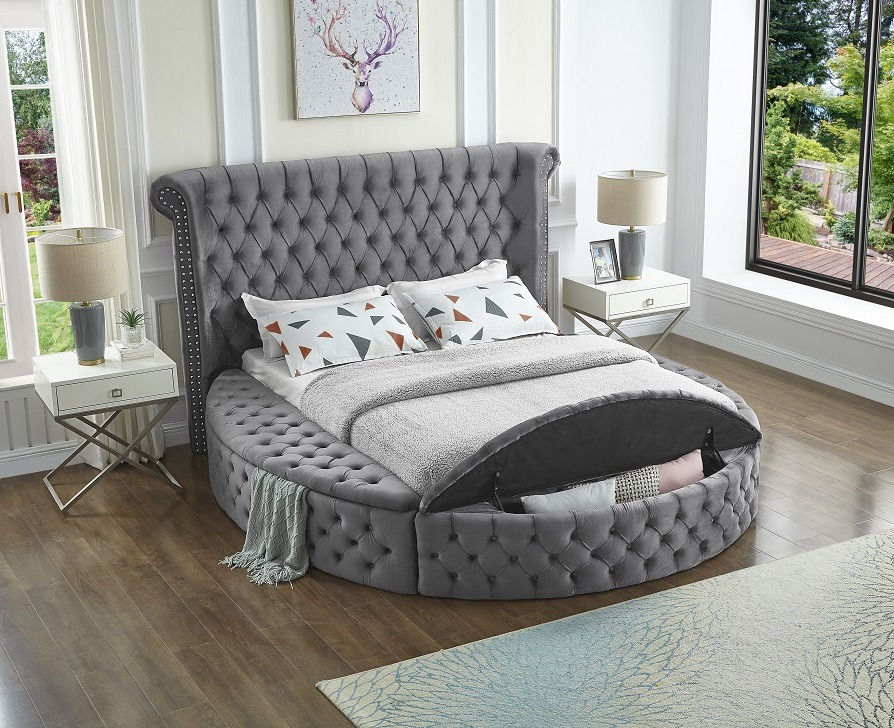 Grey Velvet Fabric Bed with Deep Button Tufting and 3 Storage Benches