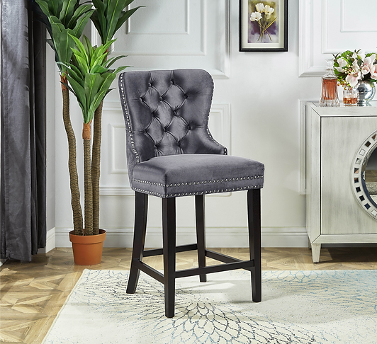 ST-6010 (Grey Velvet Plush Cushioned Barstool with Chrome Nailhead and Chrome Ring)