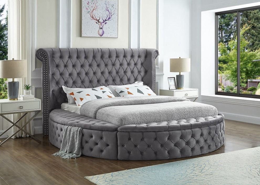 Grey Velvet Fabric Bed with Deep Button Tufting and 3 Storage Benches