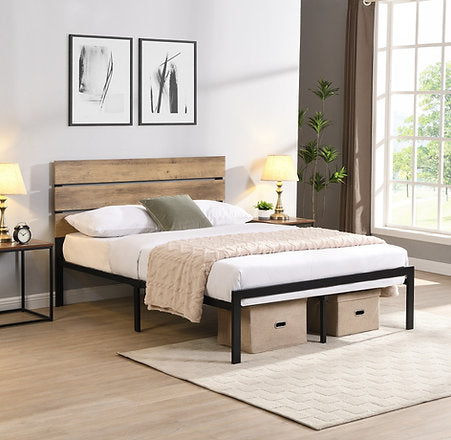 IF-5247 Queen, Double, Single, Wood Grain Panels and Black Metal Frame with mattress included